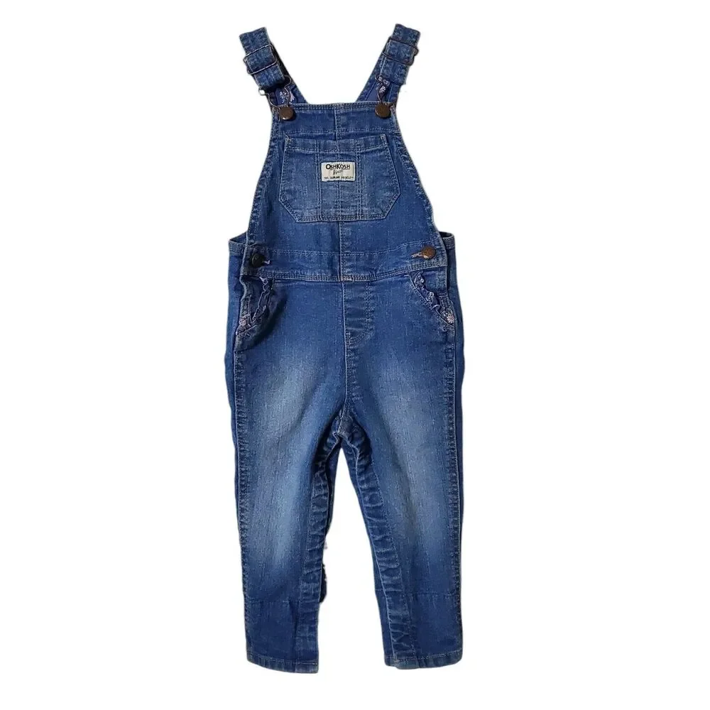 Osh Kosh B Gosh Vestbak Overalls Girls 18m Denim Jean Daisy Ruffle Bib 90s